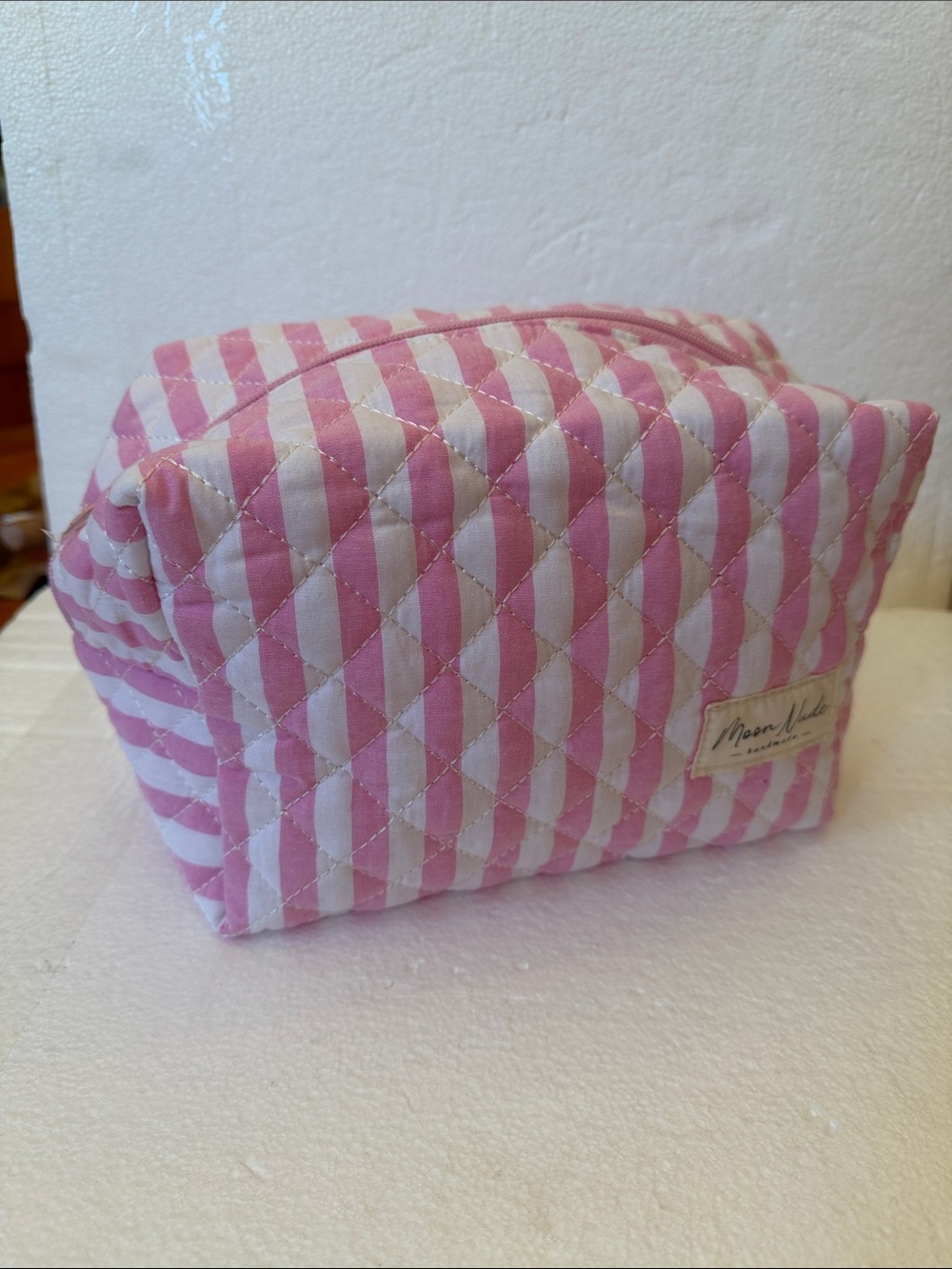 New Moon Nude  Handmade Striped Pink Quilted Cosmetic Case